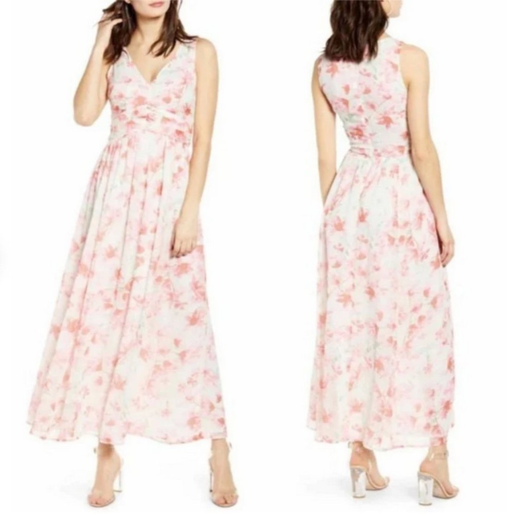 Leith Ruched Waist Chiffon Maxi Dress Floral NWT